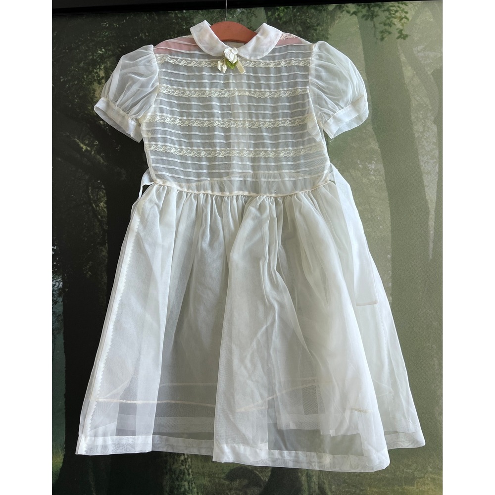 Vintage 1950s Organza Lace Girls Party Dress Sheer Puff Sleeve Peter Pan Collar‎